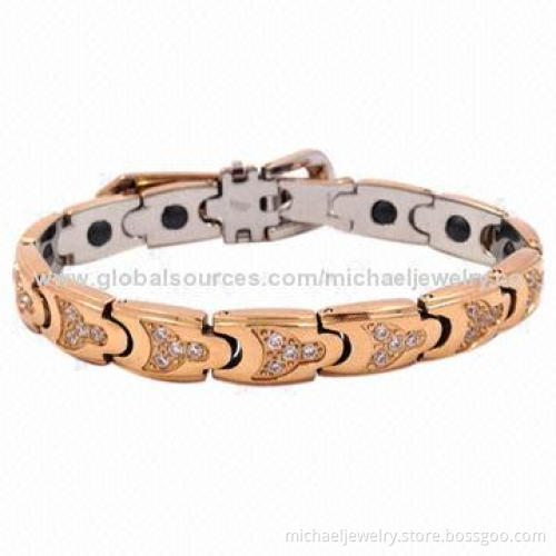 Magnetic Stainless Steel Bracelets with 52pcs of CZ Stones and Interval of IP Rose Gold Plating